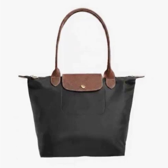 Longchamp Handbags - Longchamp Le Pliage Medium Black Tote Bag with Brown Leather Trim